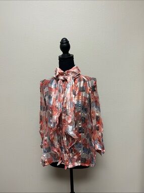 CHANEL Pink Coral and Gray Pleated Tie-Neck Blouse